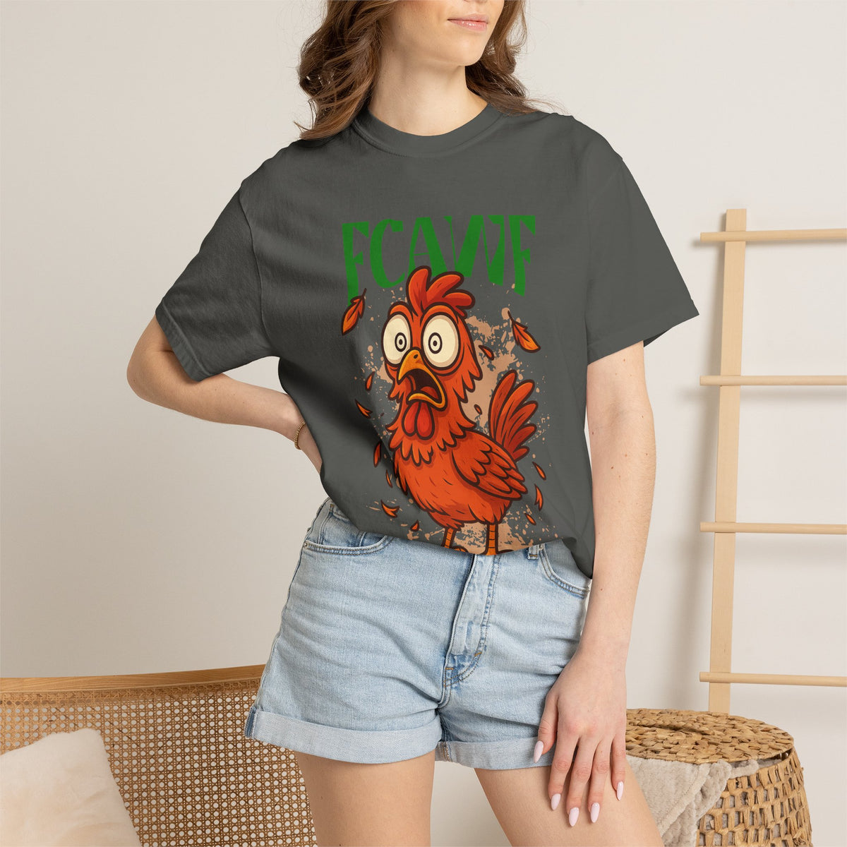 FPD - FCAWF Funny Panic Chicken Screaming Rooster Streetwear Unisex Heavyweight Cotton T-Shirt, Sarcastic Barnyard Animal Graphic Tee