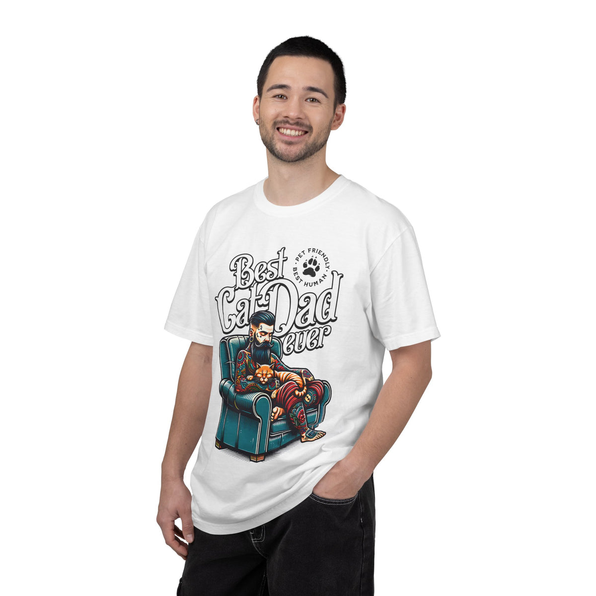 FPD - Best Cat Dad Ever T-Shirt | Tattooed Cat Dad In Armchair Graphic Tee | Funny Pet Lover Gift Shirt