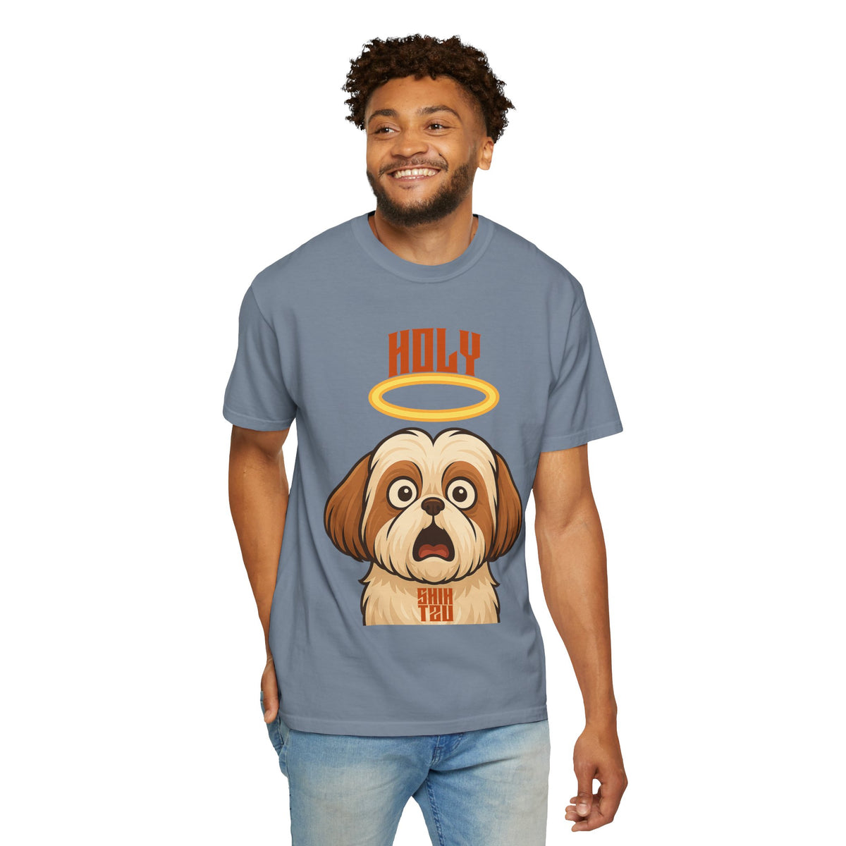 FPD - Holy Shih Tzu Funny Dog Halo Shocked Expression Unisex Heavyweight Cotton T-Shirt, Sarcastic Pet Humor Graphic Tee
