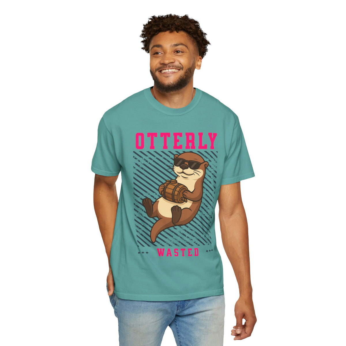 FPD - Otterly Wasted Funny Drinking Otter Sunglasses Barrel Streetwear Unisex Heavyweight Cotton T-Shirt, Sarcastic Party Animal Graphic Tee