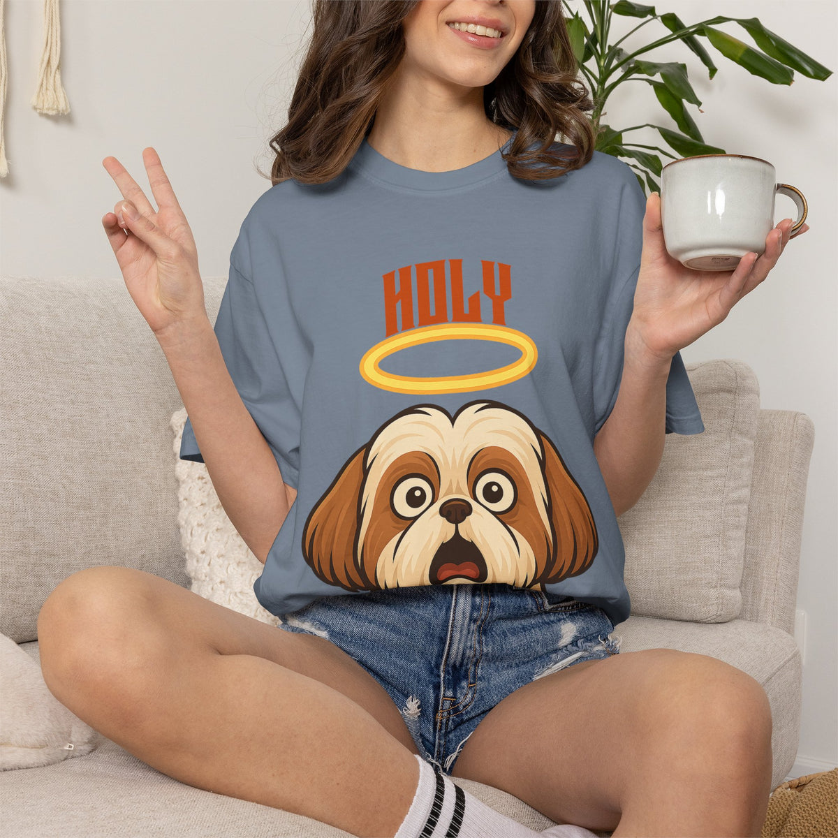 FPD - Holy Shih Tzu Funny Dog Halo Shocked Expression Unisex Heavyweight Cotton T-Shirt, Sarcastic Pet Humor Graphic Tee