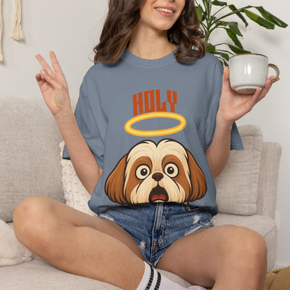 FPD - Holy Shih Tzu Funny Dog Halo Shocked Expression Unisex Heavyweight Cotton T-Shirt, Sarcastic Pet Humor Graphic Tee