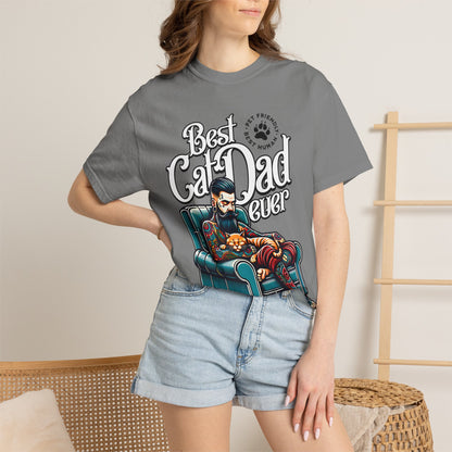 FPD - Best Cat Dad Ever T-Shirt | Tattooed Cat Dad In Armchair Graphic Tee | Funny Pet Lover Gift Shirt