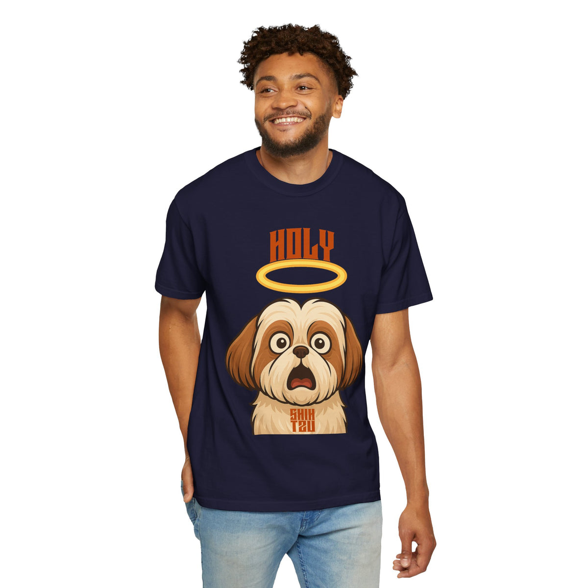 FPD - Holy Shih Tzu Funny Dog Halo Shocked Expression Unisex Heavyweight Cotton T-Shirt, Sarcastic Pet Humor Graphic Tee