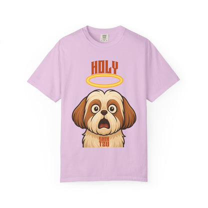 FPD - Holy Shih Tzu Funny Dog Halo Shocked Expression Unisex Heavyweight Cotton T-Shirt, Sarcastic Pet Humor Graphic Tee