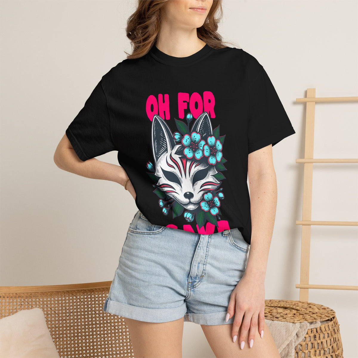 FPD - Oh For Sake Japanese Kitsune Fox Floral Streetwear Unisex Heavyweight Cotton T-Shirt, Sarcastic Anime Mask Graphic Tee