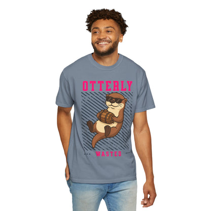 FPD - Otterly Wasted Funny Drinking Otter Sunglasses Barrel Streetwear Unisex Heavyweight Cotton T-Shirt, Sarcastic Party Animal Graphic Tee