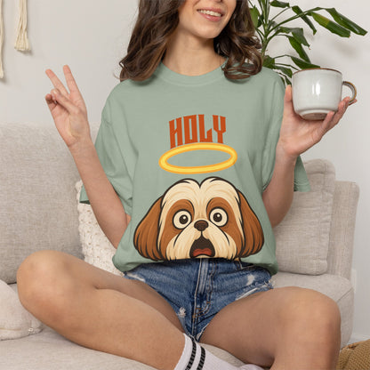 FPD - Holy Shih Tzu Funny Dog Halo Shocked Expression Unisex Heavyweight Cotton T-Shirt, Sarcastic Pet Humor Graphic Tee