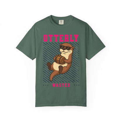FPD - Otterly Wasted Funny Drinking Otter Sunglasses Barrel Streetwear Unisex Heavyweight Cotton T-Shirt, Sarcastic Party Animal Graphic Tee