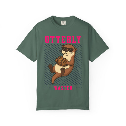 FPD - Otterly Wasted Funny Drinking Otter Sunglasses Barrel Streetwear Unisex Heavyweight Cotton T-Shirt, Sarcastic Party Animal Graphic Tee