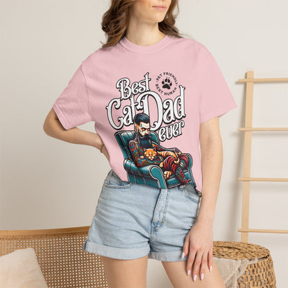 FPD - Best Cat Dad Ever T-Shirt | Tattooed Cat Dad In Armchair Graphic Tee | Funny Pet Lover Gift Shirt