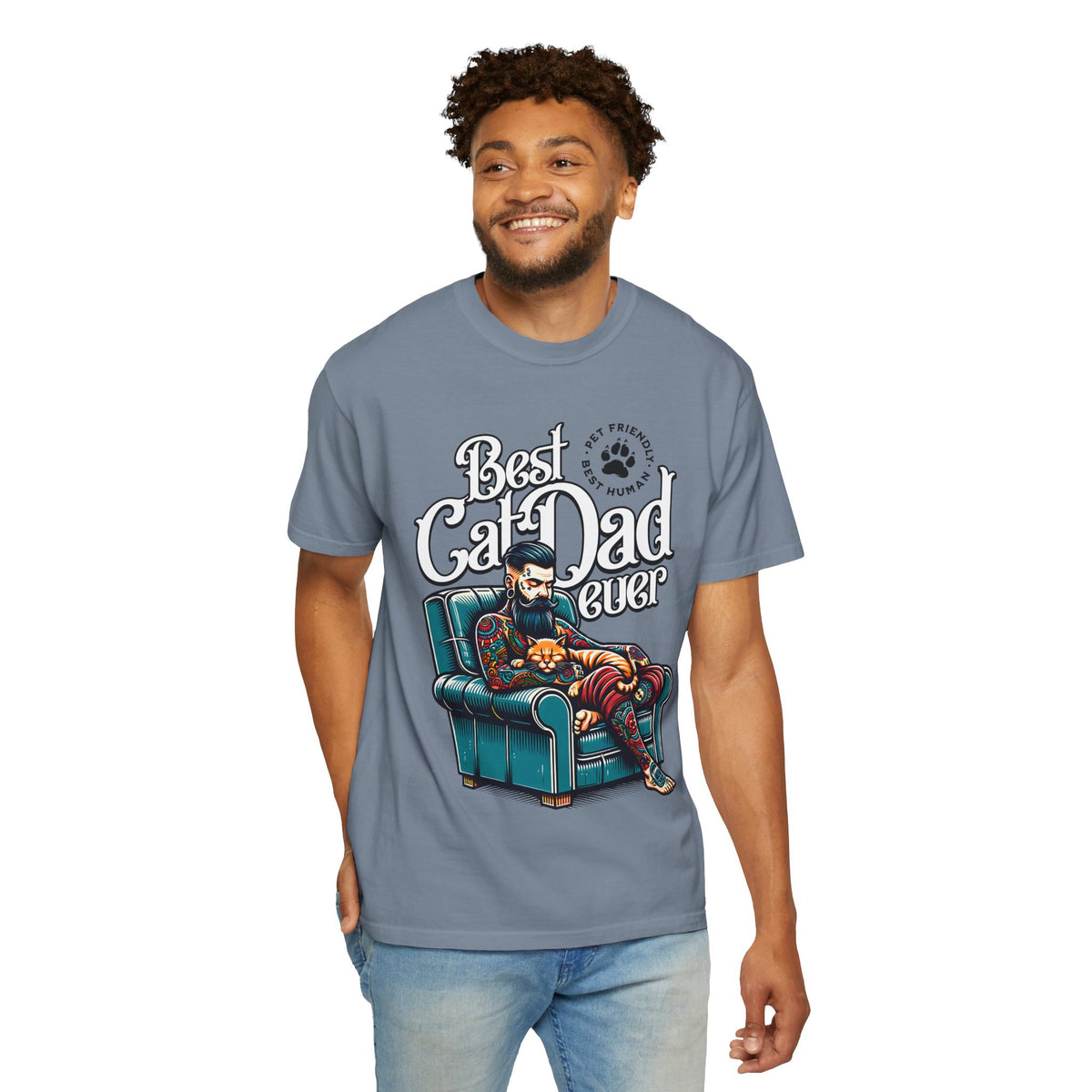 FPD - Best Cat Dad Ever T-Shirt | Tattooed Cat Dad In Armchair Graphic Tee | Funny Pet Lover Gift Shirt