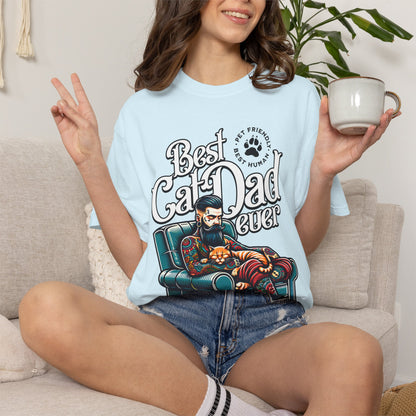 FPD - Best Cat Dad Ever T-Shirt | Tattooed Cat Dad In Armchair Graphic Tee | Funny Pet Lover Gift Shirt