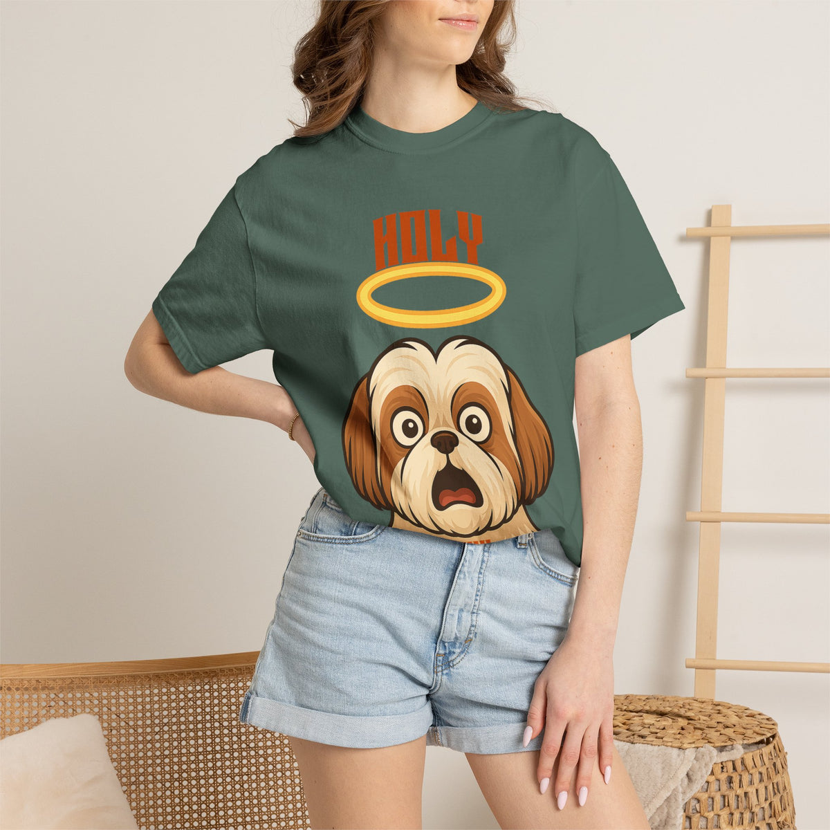 FPD - Holy Shih Tzu Funny Dog Halo Shocked Expression Unisex Heavyweight Cotton T-Shirt, Sarcastic Pet Humor Graphic Tee