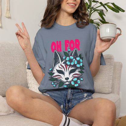 FPD - Oh For Sake Japanese Kitsune Fox Floral Streetwear Unisex Heavyweight Cotton T-Shirt, Sarcastic Anime Mask Graphic Tee