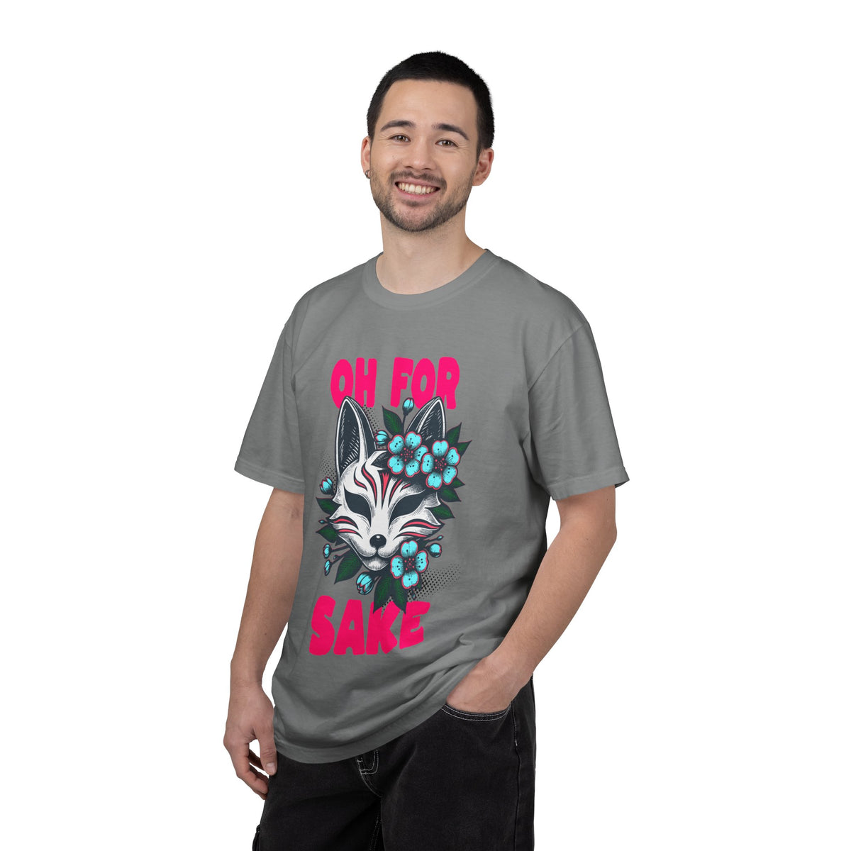 FPD - Oh For Sake Japanese Kitsune Fox Floral Streetwear Unisex Heavyweight Cotton T-Shirt, Sarcastic Anime Mask Graphic Tee
