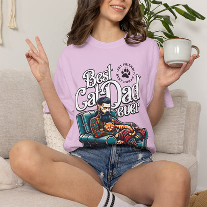 FPD - Best Cat Dad Ever T-Shirt | Tattooed Cat Dad In Armchair Graphic Tee | Funny Pet Lover Gift Shirt