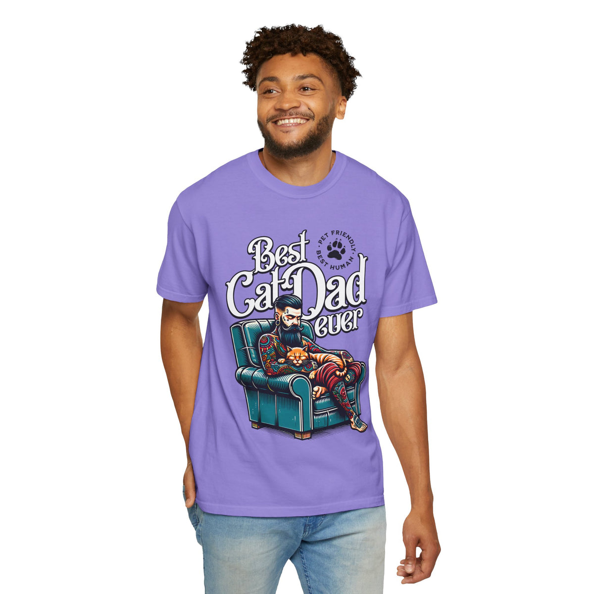 FPD - Best Cat Dad Ever T-Shirt | Tattooed Cat Dad In Armchair Graphic Tee | Funny Pet Lover Gift Shirt