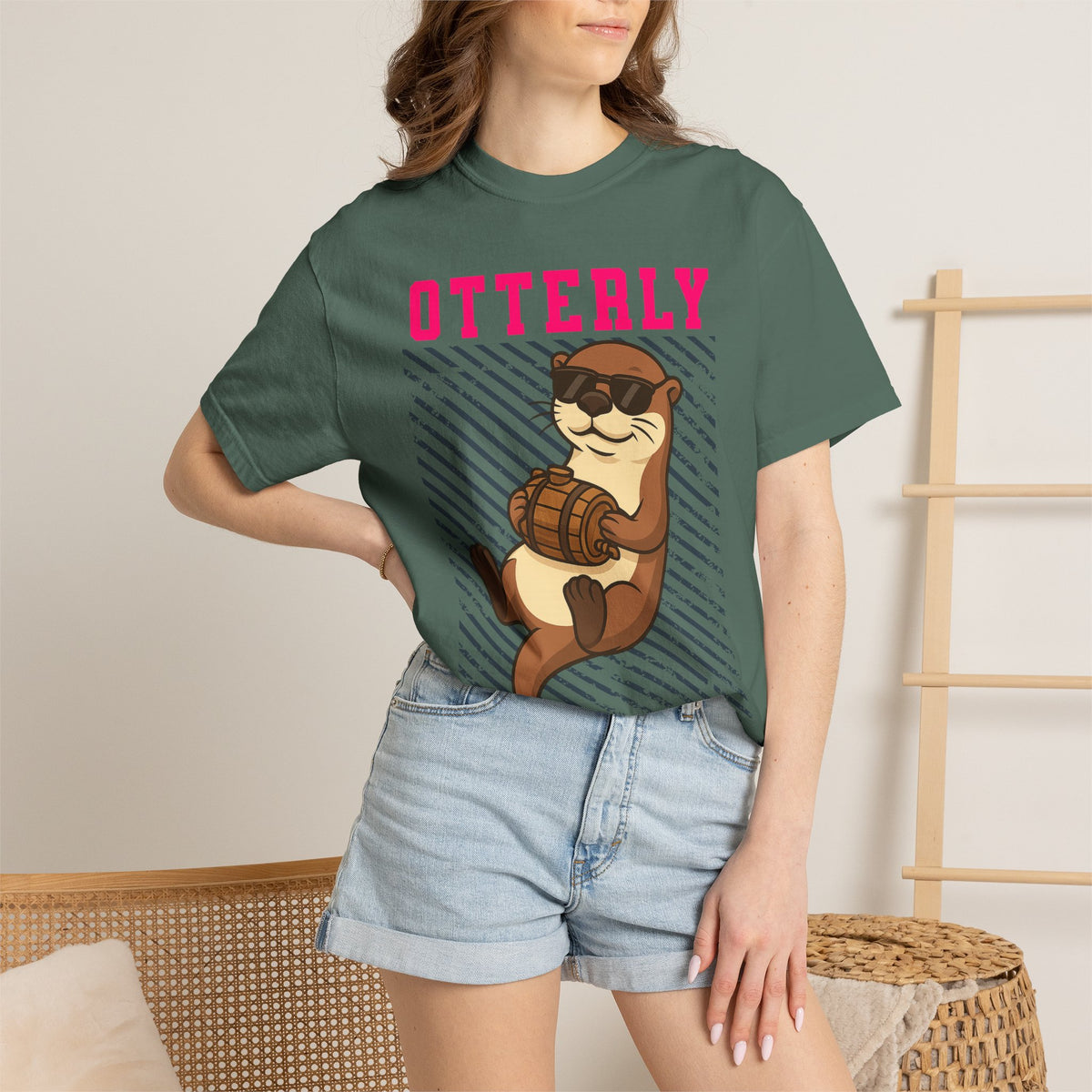 FPD - Otterly Wasted Funny Drinking Otter Sunglasses Barrel Streetwear Unisex Heavyweight Cotton T-Shirt, Sarcastic Party Animal Graphic Tee
