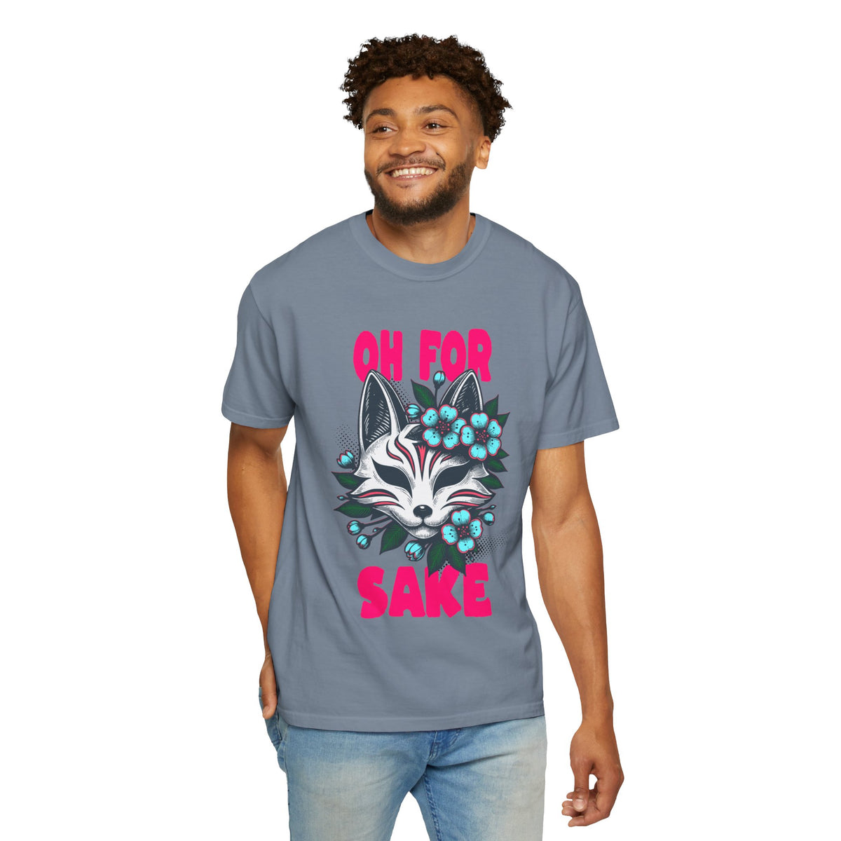 FPD - Oh For Sake Japanese Kitsune Fox Floral Streetwear Unisex Heavyweight Cotton T-Shirt, Sarcastic Anime Mask Graphic Tee