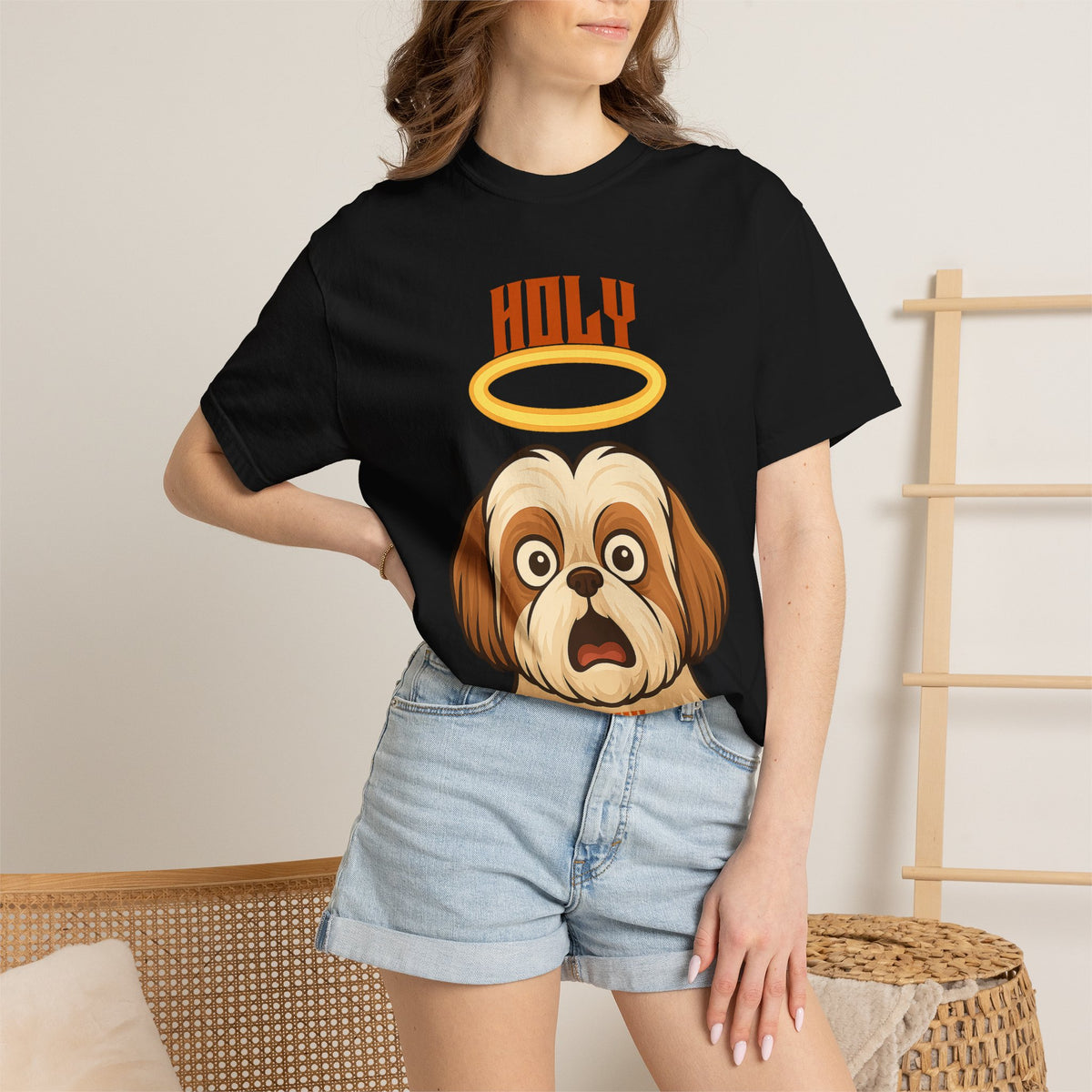 FPD - Holy Shih Tzu Funny Dog Halo Shocked Expression Unisex Heavyweight Cotton T-Shirt, Sarcastic Pet Humor Graphic Tee