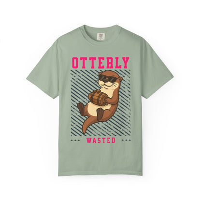 FPD - Otterly Wasted Funny Drinking Otter Sunglasses Barrel Streetwear Unisex Heavyweight Cotton T-Shirt, Sarcastic Party Animal Graphic Tee