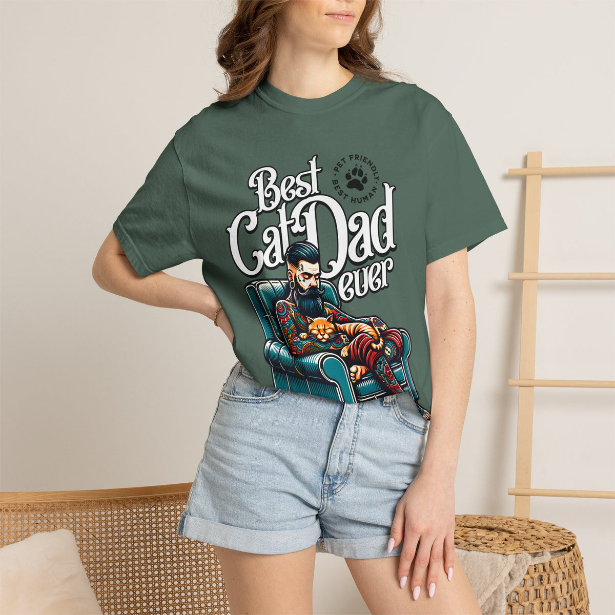 FPD - Best Cat Dad Ever T-Shirt | Tattooed Cat Dad In Armchair Graphic Tee | Funny Pet Lover Gift Shirt