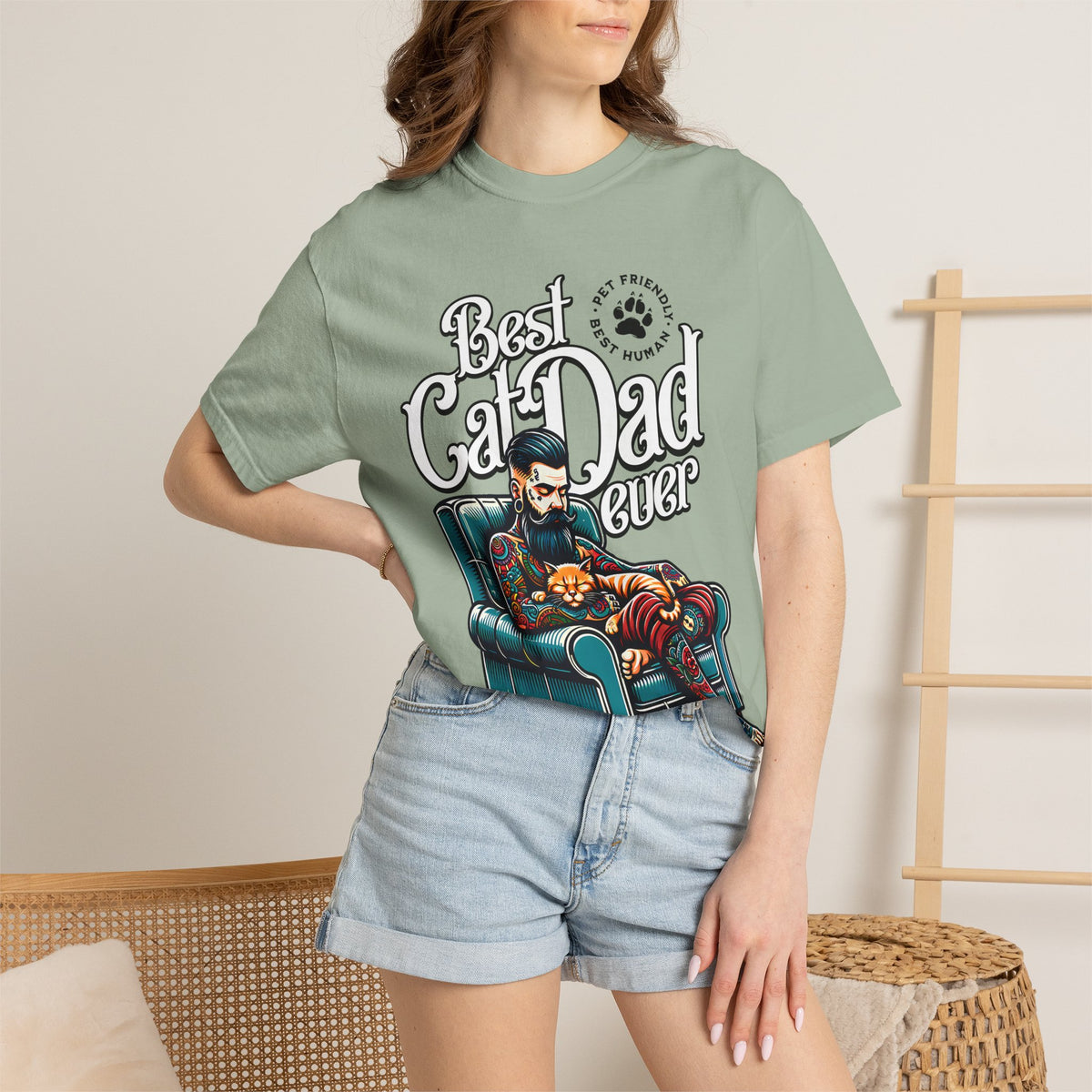 FPD - Best Cat Dad Ever T-Shirt | Tattooed Cat Dad In Armchair Graphic Tee | Funny Pet Lover Gift Shirt