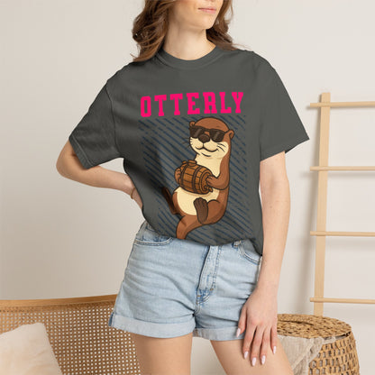 FPD - Otterly Wasted Funny Drinking Otter Sunglasses Barrel Streetwear Unisex Heavyweight Cotton T-Shirt, Sarcastic Party Animal Graphic Tee