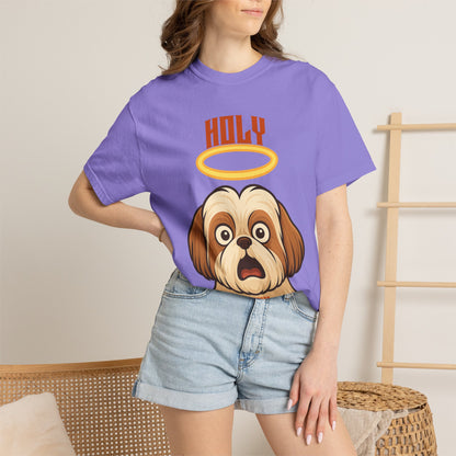 FPD - Holy Shih Tzu Funny Dog Halo Shocked Expression Unisex Heavyweight Cotton T-Shirt, Sarcastic Pet Humor Graphic Tee