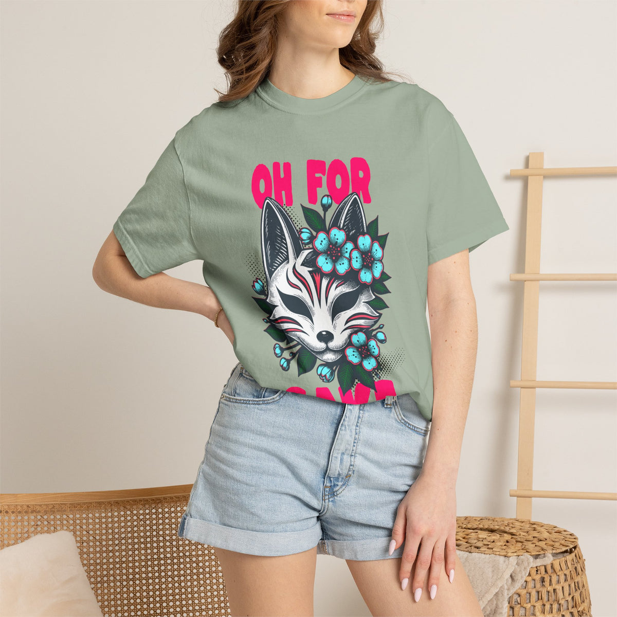FPD - Oh For Sake Japanese Kitsune Fox Floral Streetwear Unisex Heavyweight Cotton T-Shirt, Sarcastic Anime Mask Graphic Tee