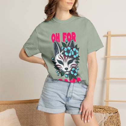 FPD - Oh For Sake Japanese Kitsune Fox Floral Streetwear Unisex Heavyweight Cotton T-Shirt, Sarcastic Anime Mask Graphic Tee