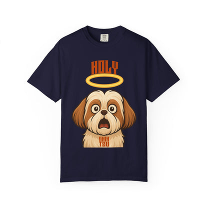 FPD - Holy Shih Tzu Funny Dog Halo Shocked Expression Unisex Heavyweight Cotton T-Shirt, Sarcastic Pet Humor Graphic Tee