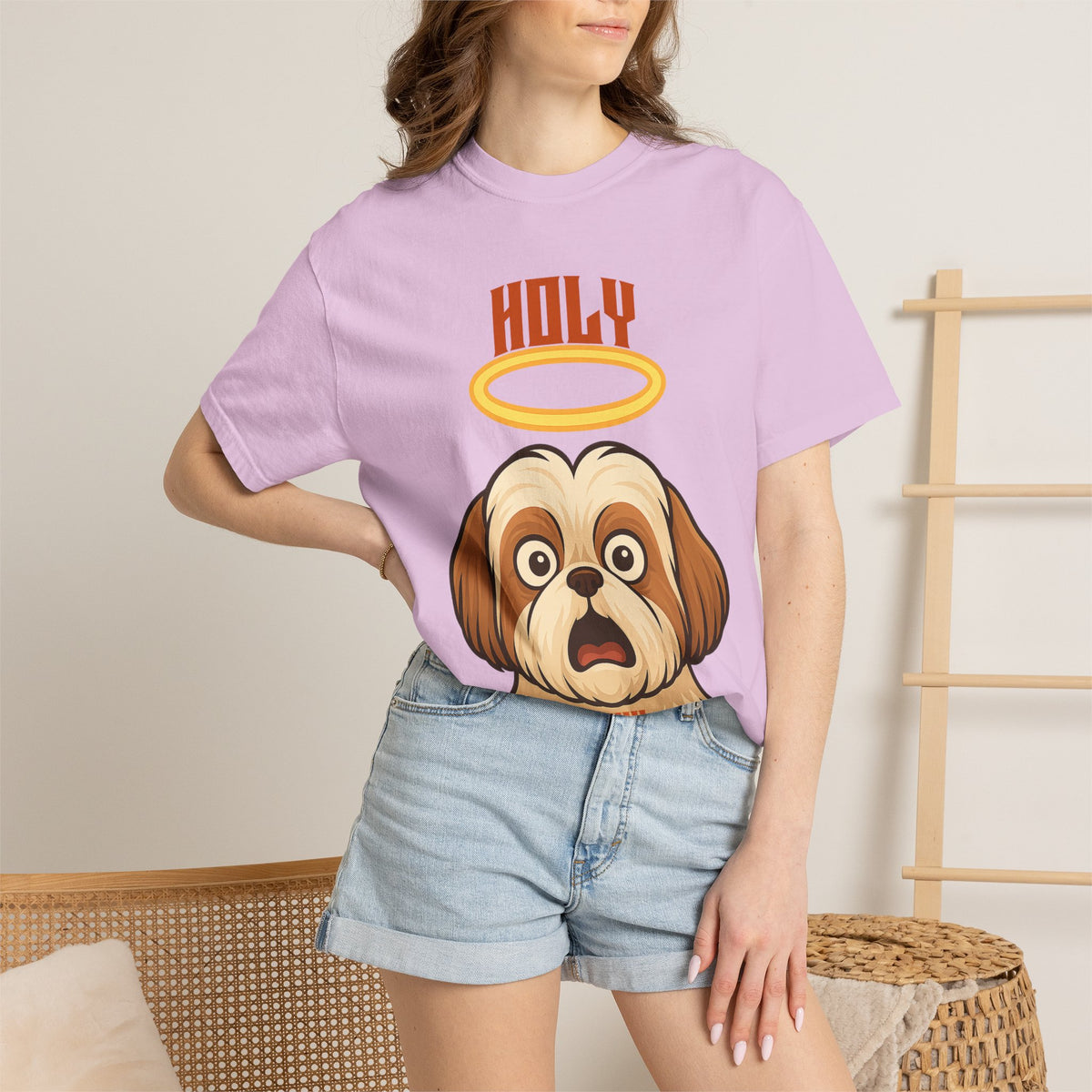 FPD - Holy Shih Tzu Funny Dog Halo Shocked Expression Unisex Heavyweight Cotton T-Shirt, Sarcastic Pet Humor Graphic Tee
