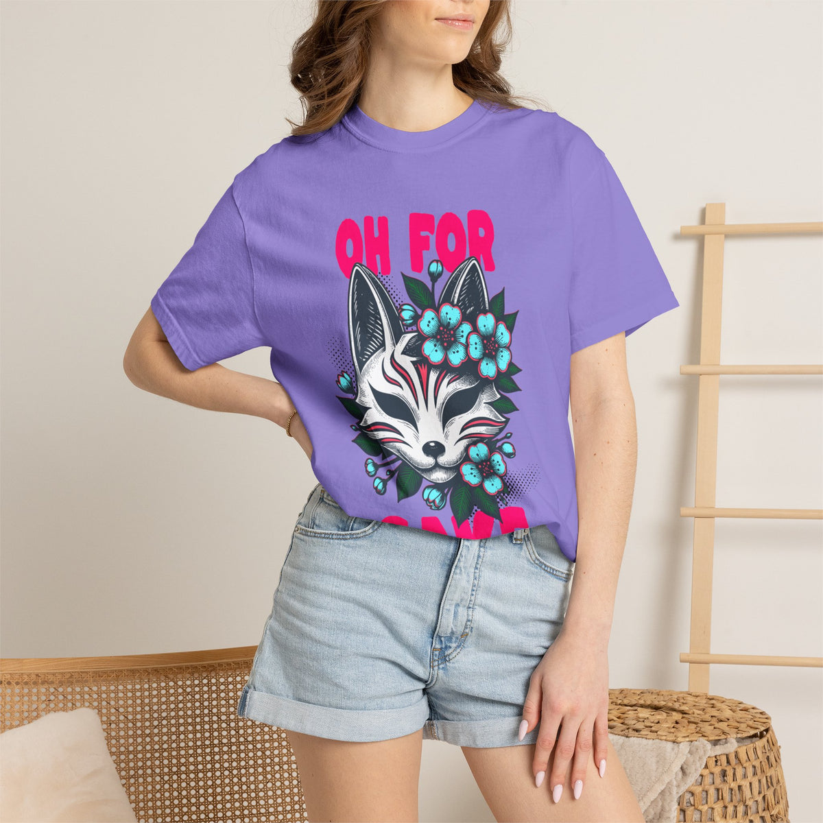 FPD - Oh For Sake Japanese Kitsune Fox Floral Streetwear Unisex Heavyweight Cotton T-Shirt, Sarcastic Anime Mask Graphic Tee