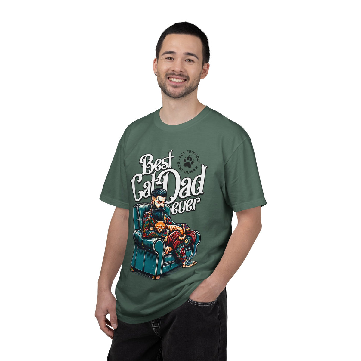 FPD - Best Cat Dad Ever T-Shirt | Tattooed Cat Dad In Armchair Graphic Tee | Funny Pet Lover Gift Shirt