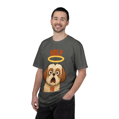 FPD - Holy Shih Tzu Funny Dog Halo Shocked Expression Unisex Heavyweight Cotton T-Shirt, Sarcastic Pet Humor Graphic Tee