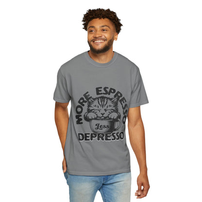 FPD - More Espresso Less Depresso T-Shirt | Minimalist Coffee Humor Graphic Tee | Funny Caffeine Addict Gift Shirt