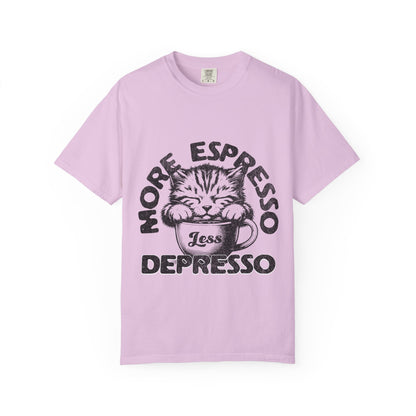 FPD - More Espresso Less Depresso T-Shirt | Minimalist Coffee Humor Graphic Tee | Funny Caffeine Addict Gift Shirt