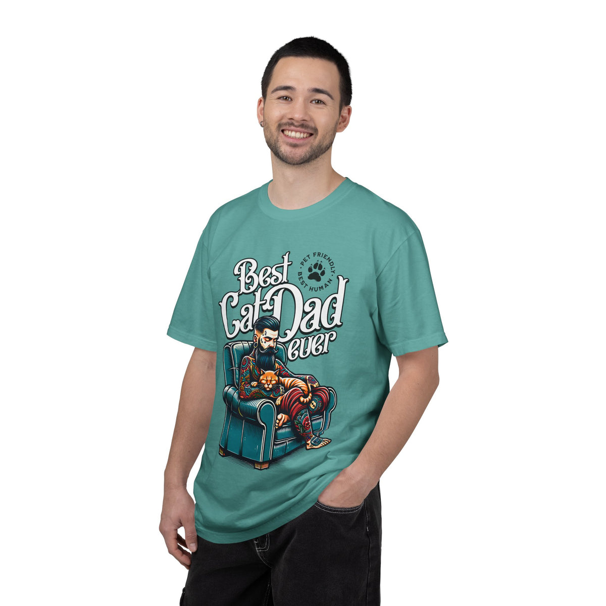 FPD - Best Cat Dad Ever T-Shirt | Tattooed Cat Dad In Armchair Graphic Tee | Funny Pet Lover Gift Shirt