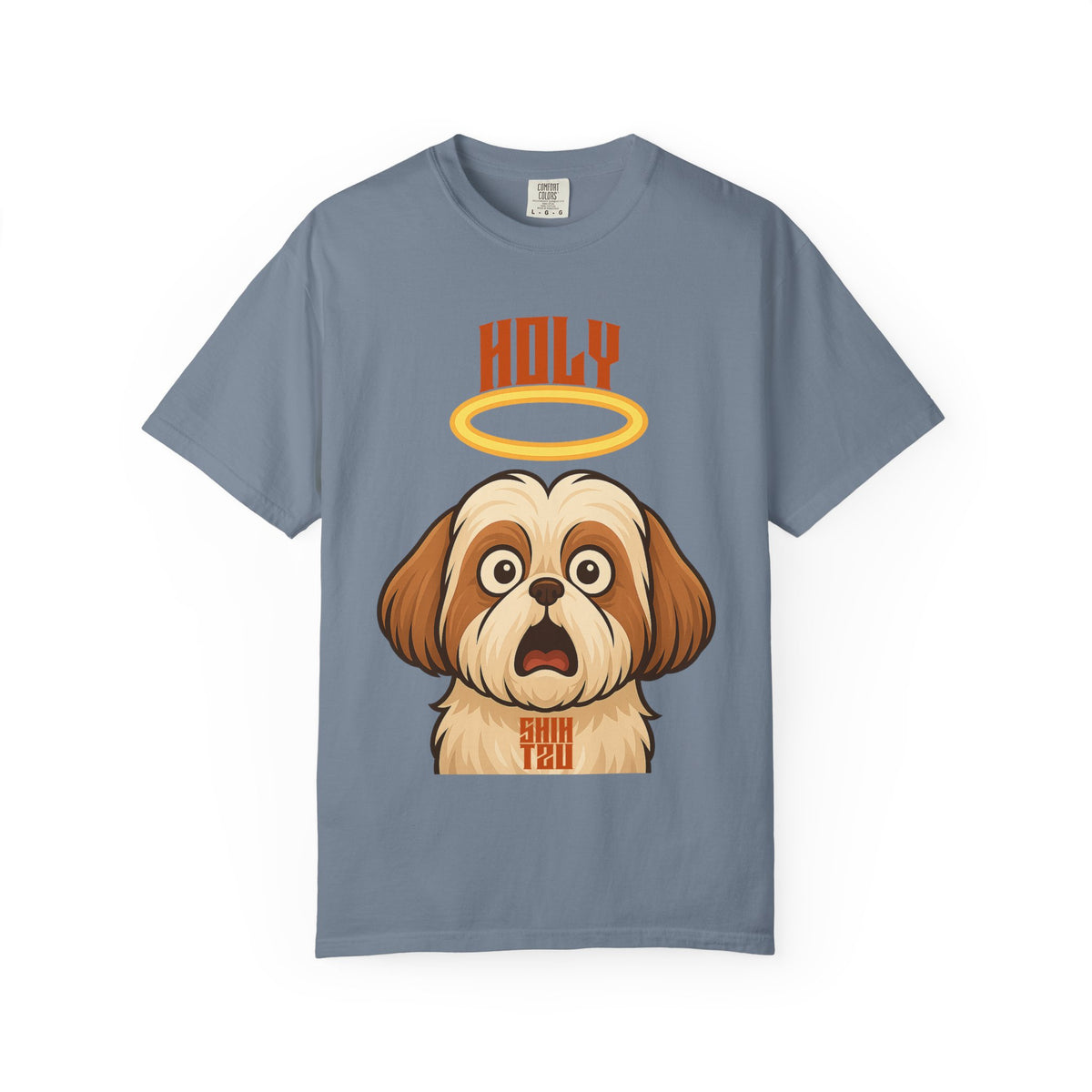 FPD - Holy Shih Tzu Funny Dog Halo Shocked Expression Unisex Heavyweight Cotton T-Shirt, Sarcastic Pet Humor Graphic Tee