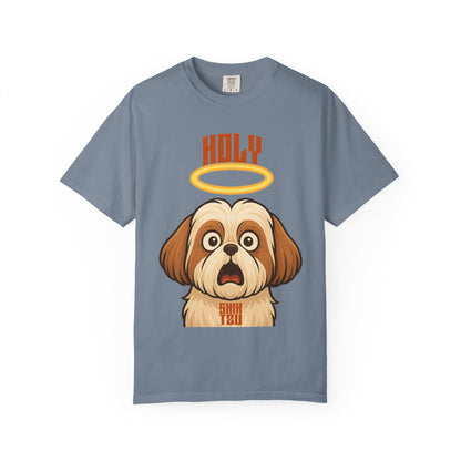 FPD - Holy Shih Tzu Funny Dog Halo Shocked Expression Unisex Heavyweight Cotton T-Shirt, Sarcastic Pet Humor Graphic Tee