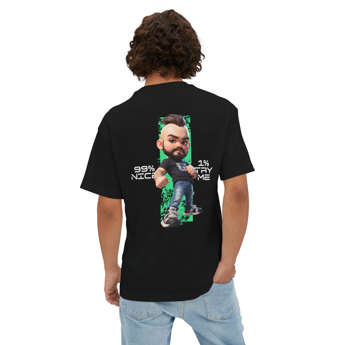 Person wearing a black t-shirt with a graphic design on the back