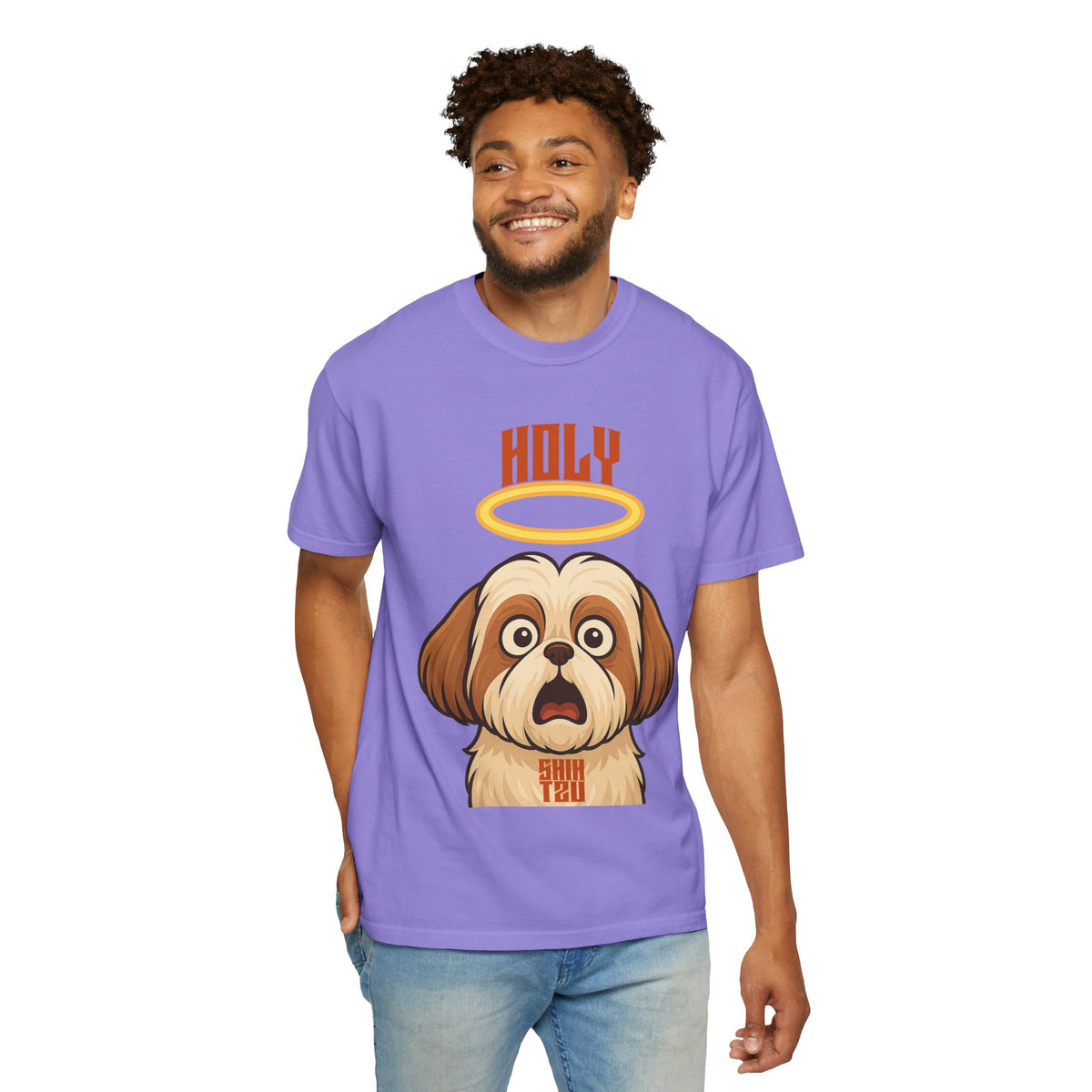 FPD - Holy Shih Tzu Funny Dog Halo Shocked Expression Unisex Heavyweight Cotton T-Shirt, Sarcastic Pet Humor Graphic Tee