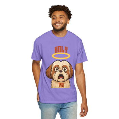 FPD - Holy Shih Tzu Funny Dog Halo Shocked Expression Unisex Heavyweight Cotton T-Shirt, Sarcastic Pet Humor Graphic Tee