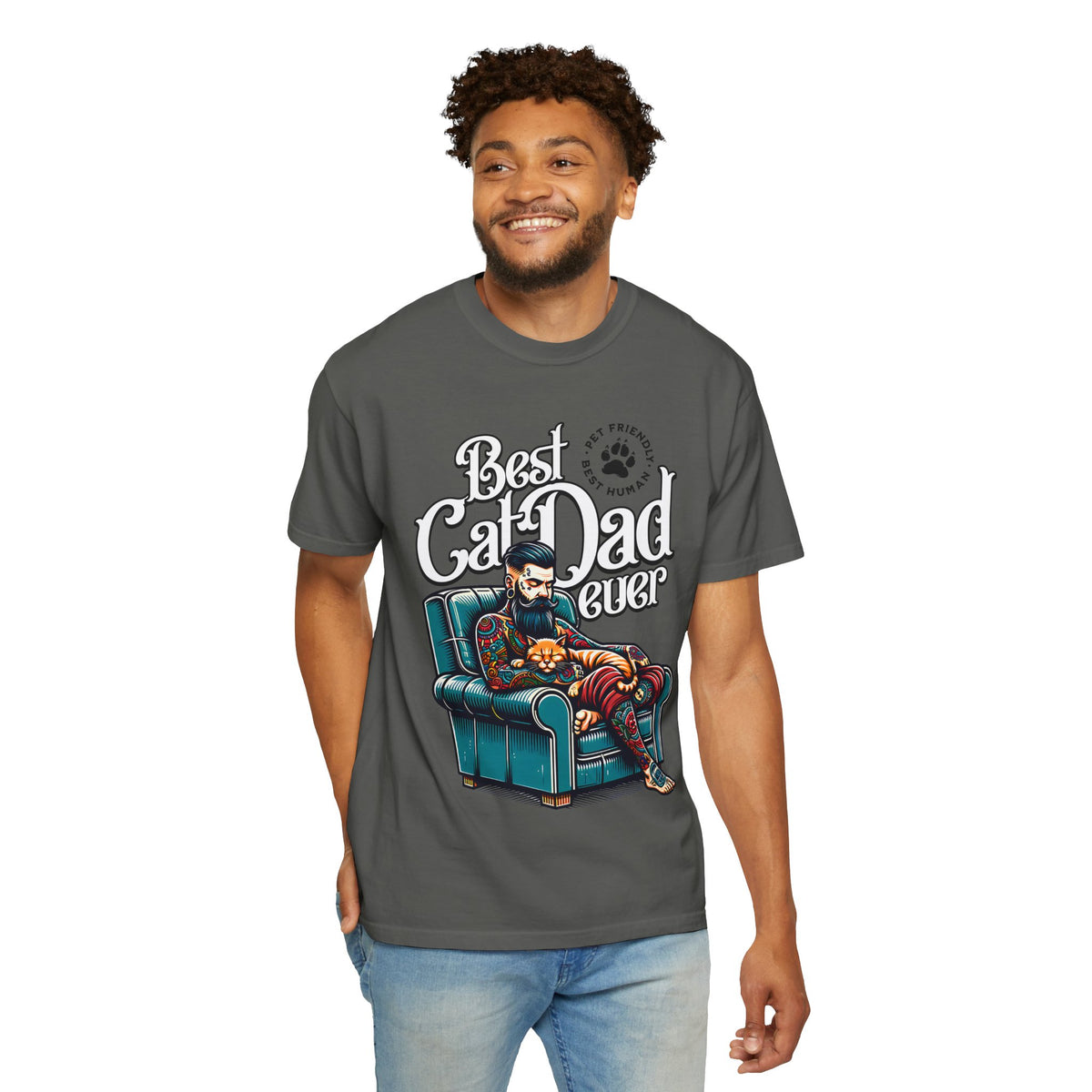 FPD - Best Cat Dad Ever T-Shirt | Tattooed Cat Dad In Armchair Graphic Tee | Funny Pet Lover Gift Shirt