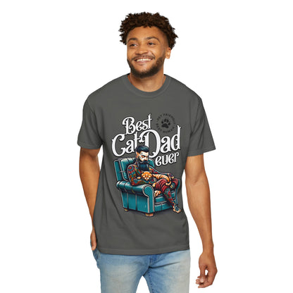 FPD - Best Cat Dad Ever T-Shirt | Tattooed Cat Dad In Armchair Graphic Tee | Funny Pet Lover Gift Shirt