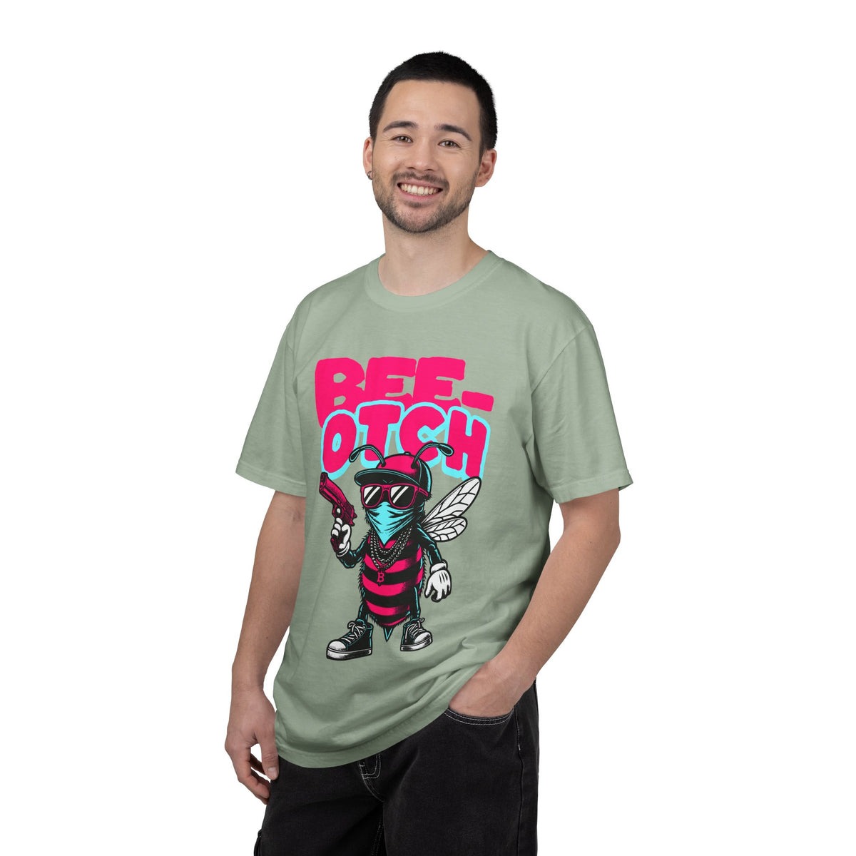 FPD - Bee-Otch Streetwear Graphic Tee – Funny Gangster Bee Unisex Heavyweight Cotton T-Shirt, Trendy Humorous Urban Apparel