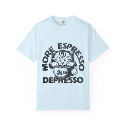 FPD - More Espresso Less Depresso T-Shirt | Minimalist Coffee Humor Graphic Tee | Funny Caffeine Addict Gift Shirt