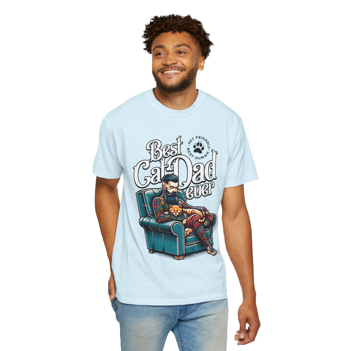FPD - Best Cat Dad Ever T-Shirt | Tattooed Cat Dad In Armchair Graphic Tee | Funny Pet Lover Gift Shirt